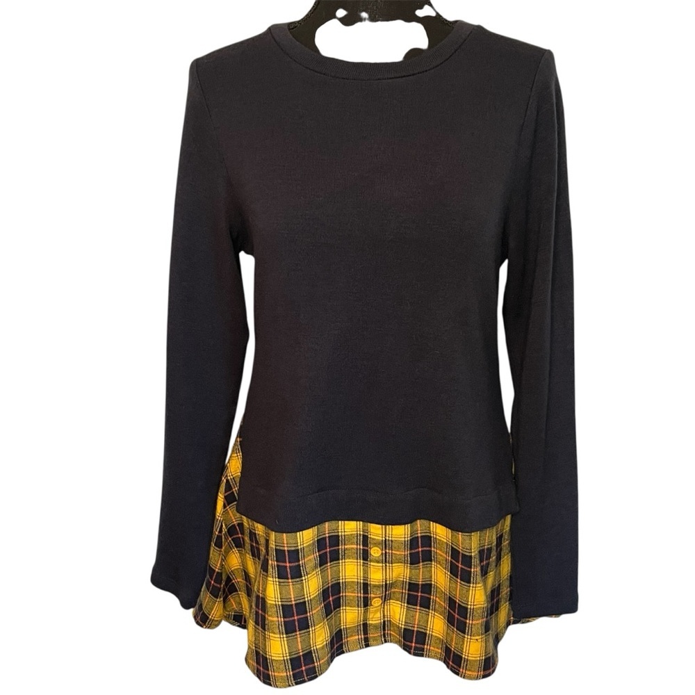 Women's THML Crewneck Sweater Built In Shirttail Sz M Plaid Navy Preppy Classic